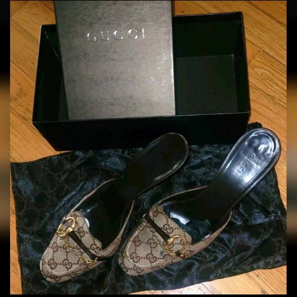 Vintage Gucci Monogram Horsebit & Chain, Mule Heels, Tom Ford Era, Box, Dustbag